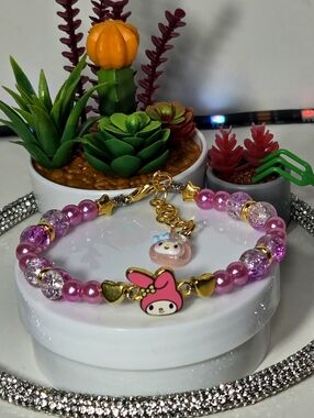 My Melody Pink Character Crackle Crystal Beaded Charm Bracelet